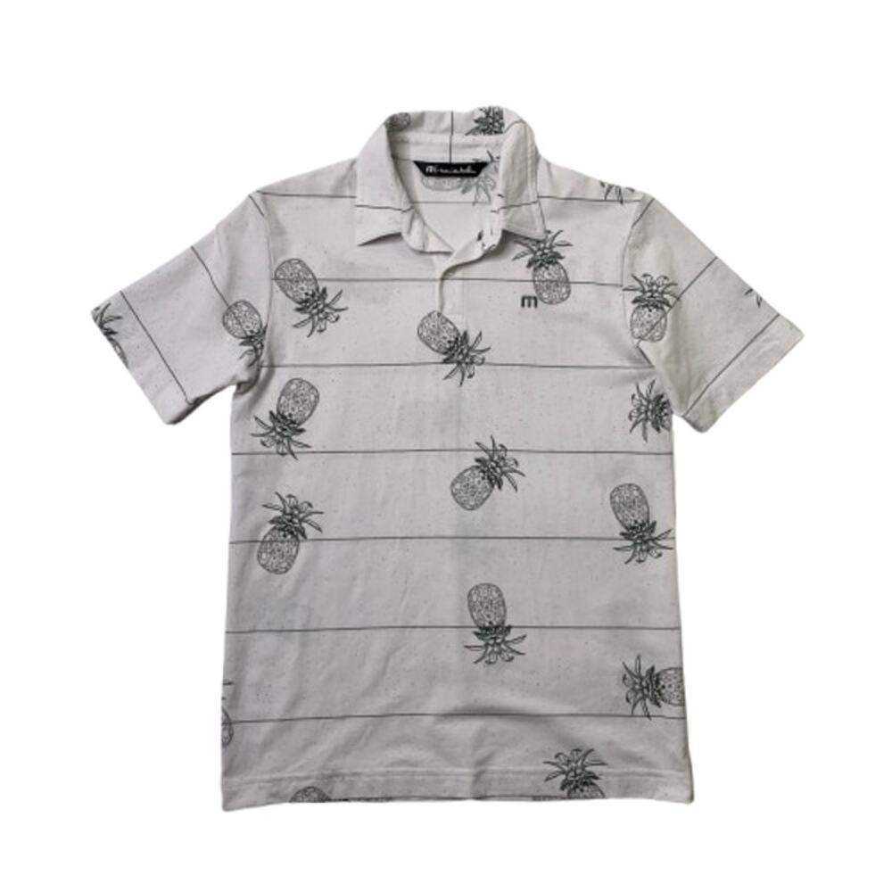 Travis Mathew Polo Shirt Boys M Medium White Stacked Deck Golf Pineapple Graphic